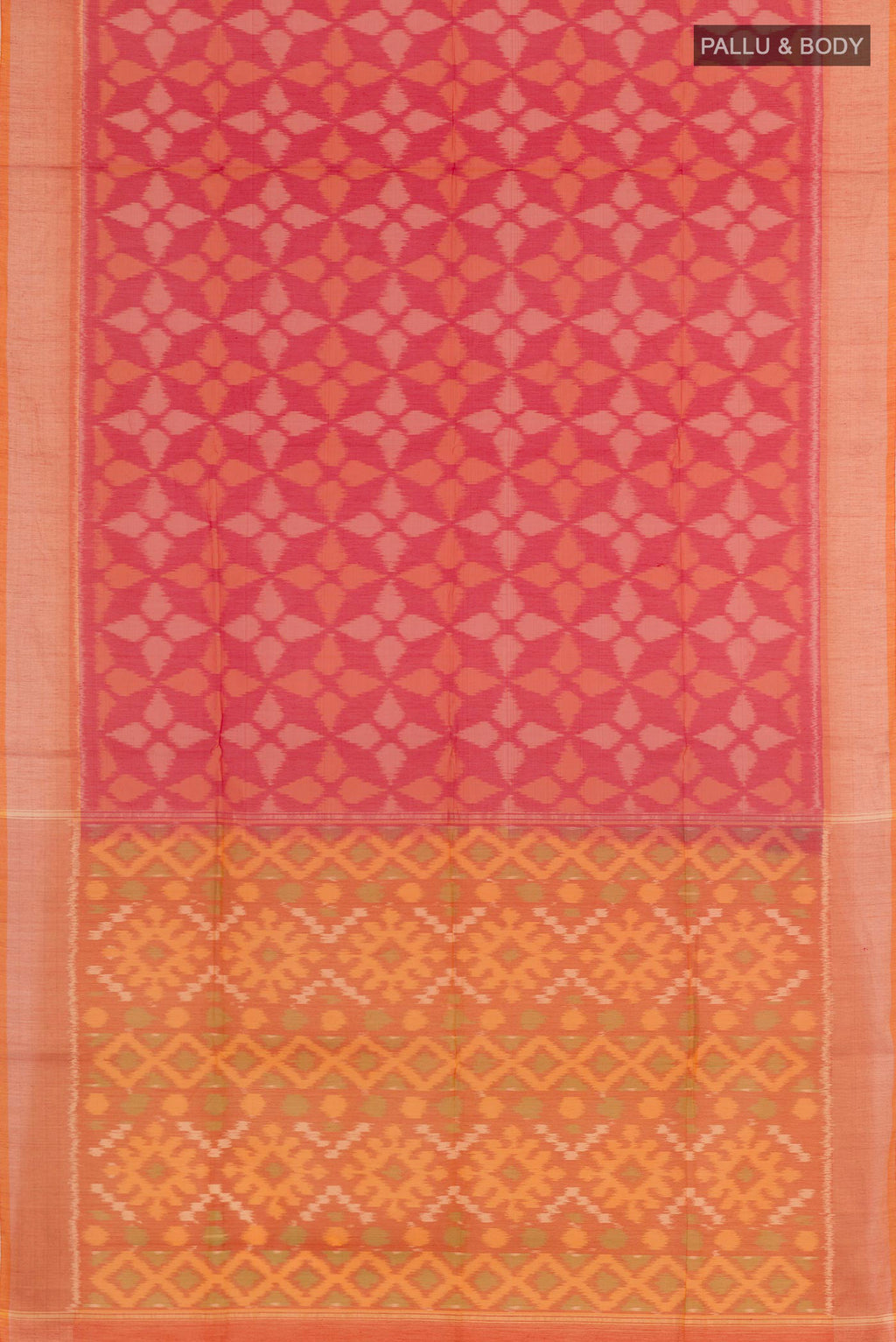 Flat view of Red Blended Kora Cotton Saree with Ikat design on the body and Zari Border. 