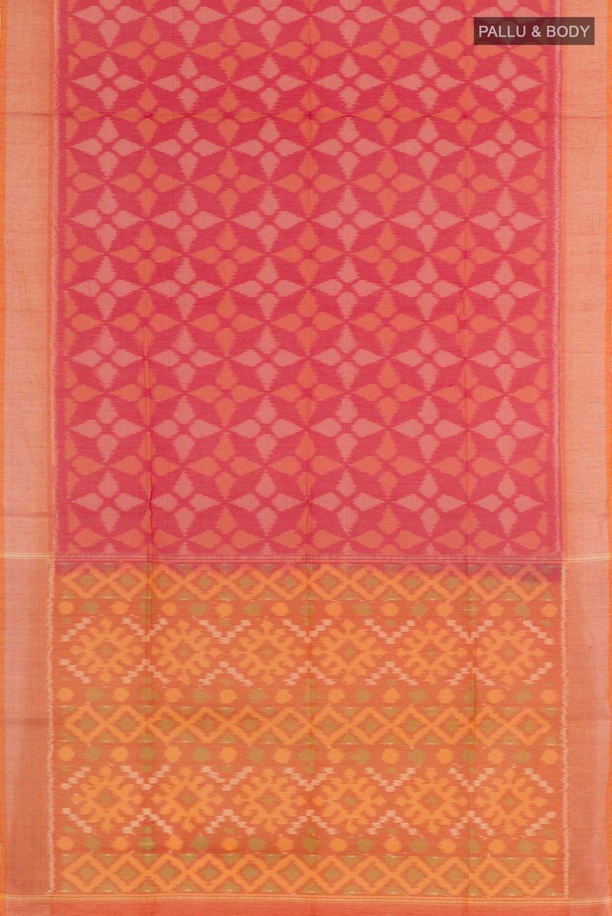 Flat view of Red Blended Kora Cotton Saree with Ikat design on the body and Zari Border. 