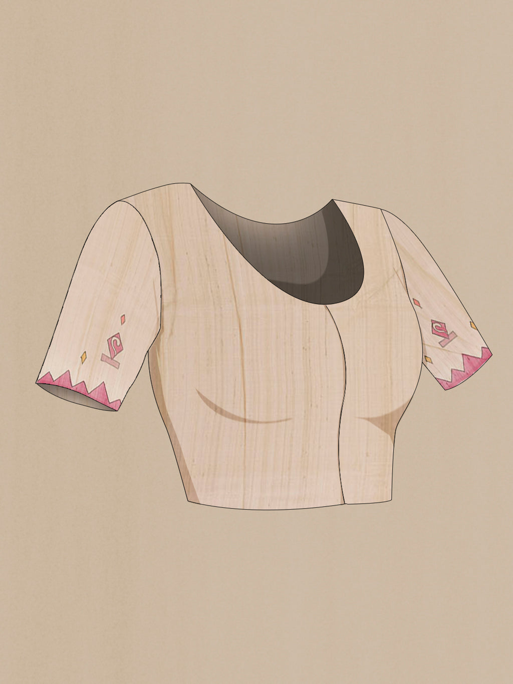 Close up image of the blouse of Cream Tussar Saree with Printed design on the body and Printed Border. 