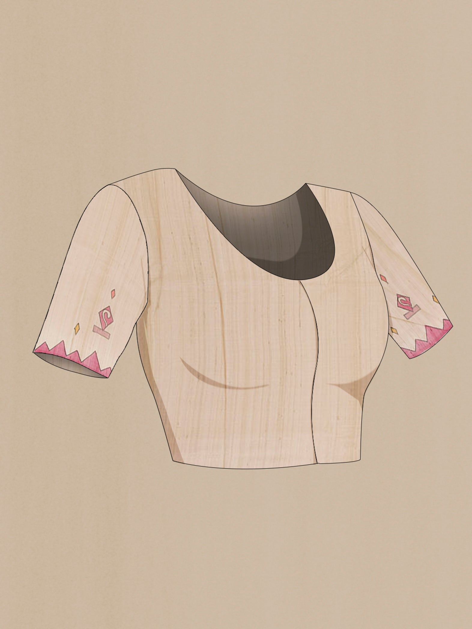 Close up image of the blouse of Cream Tussar Saree with Printed design on the body and Printed Border. 