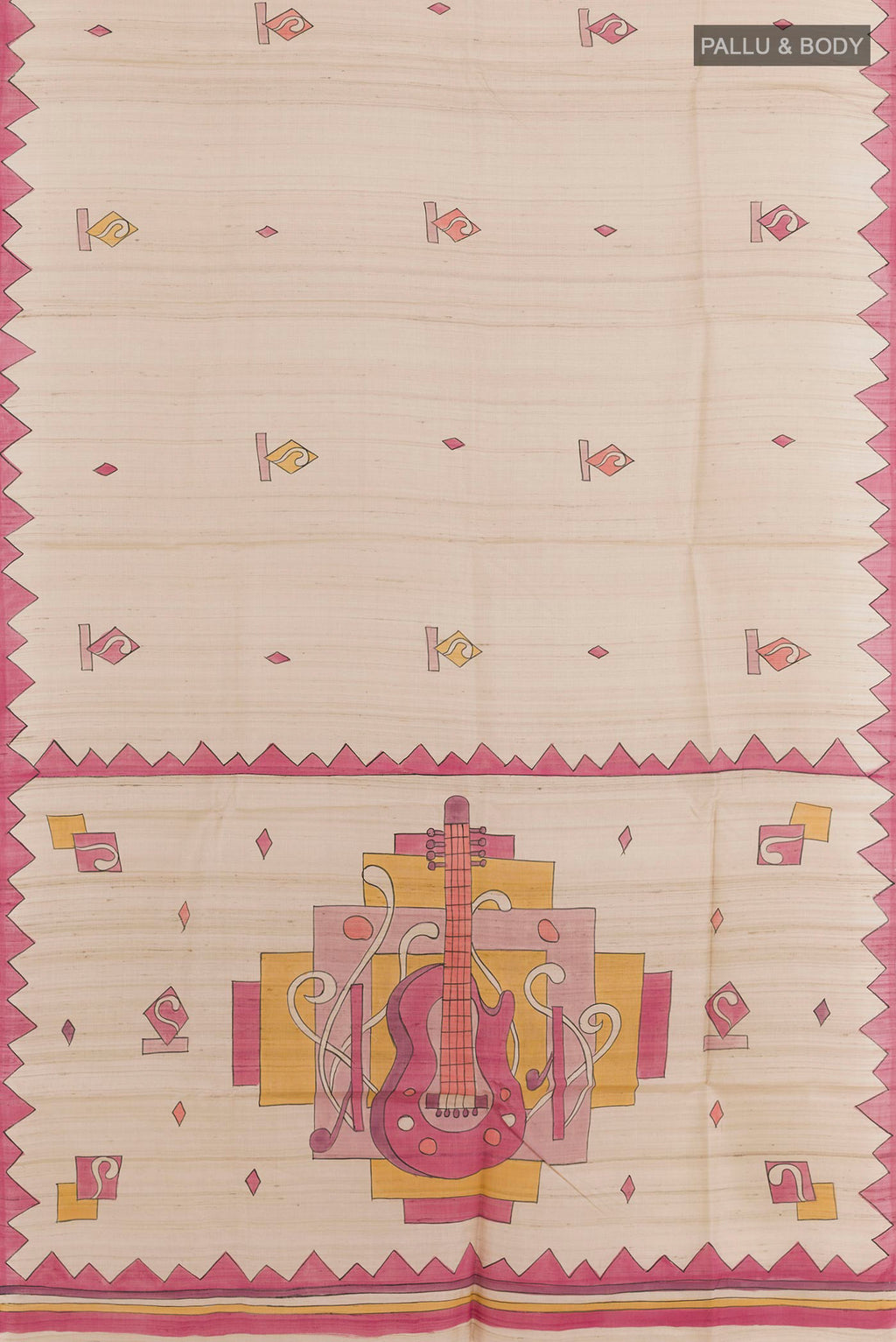 Flat view of Cream Tussar Saree with Printed design on the body and Printed Border. 