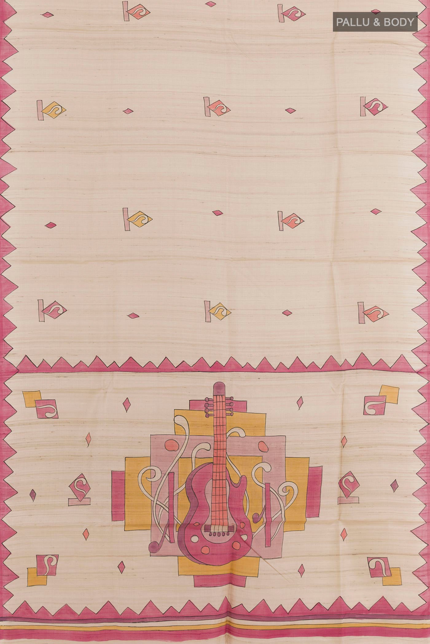 Flat view of Cream Tussar Saree with Printed design on the body and Printed Border. 