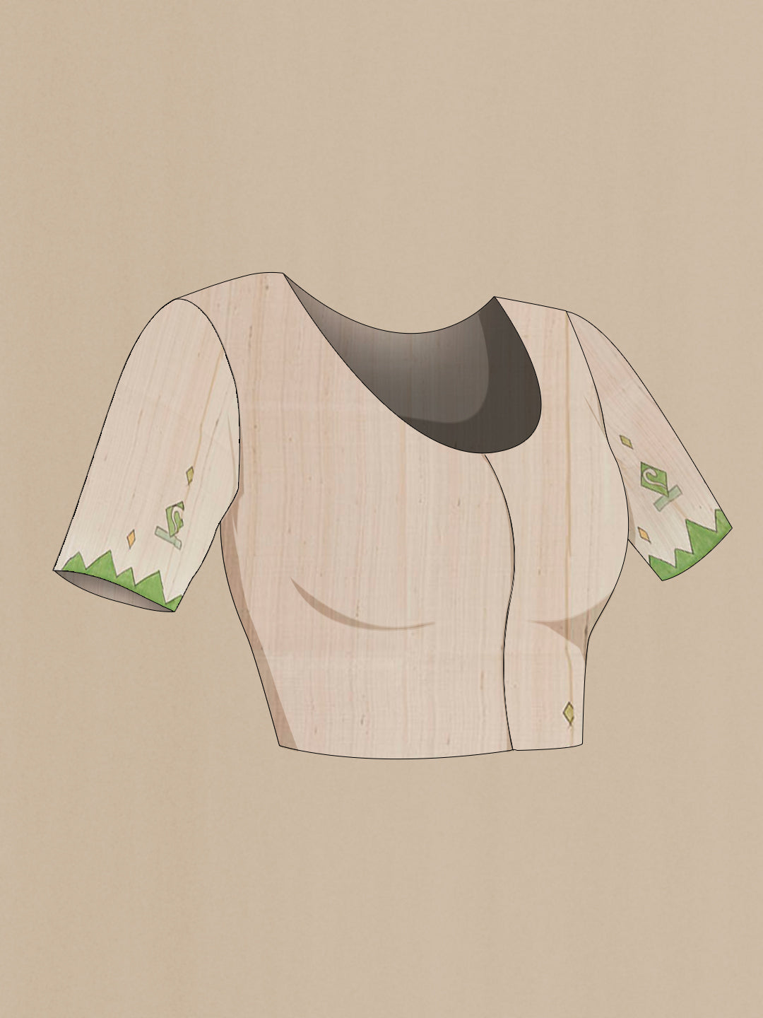 Close up image of the blouse of Cream Tussar Saree with Printed design on the body and Printed Border. 