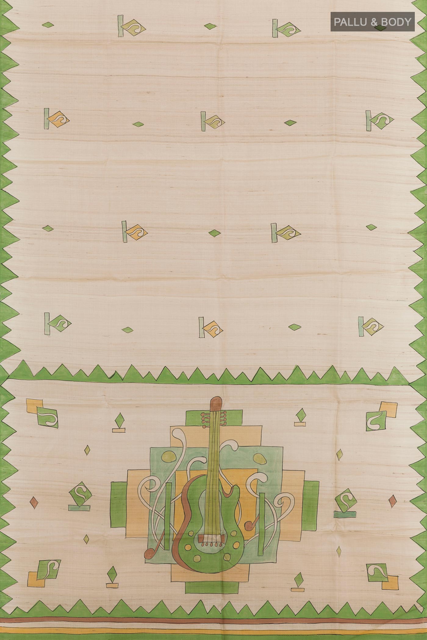 Flat view of Cream Tussar Saree with Printed design on the body and Printed Border. 
