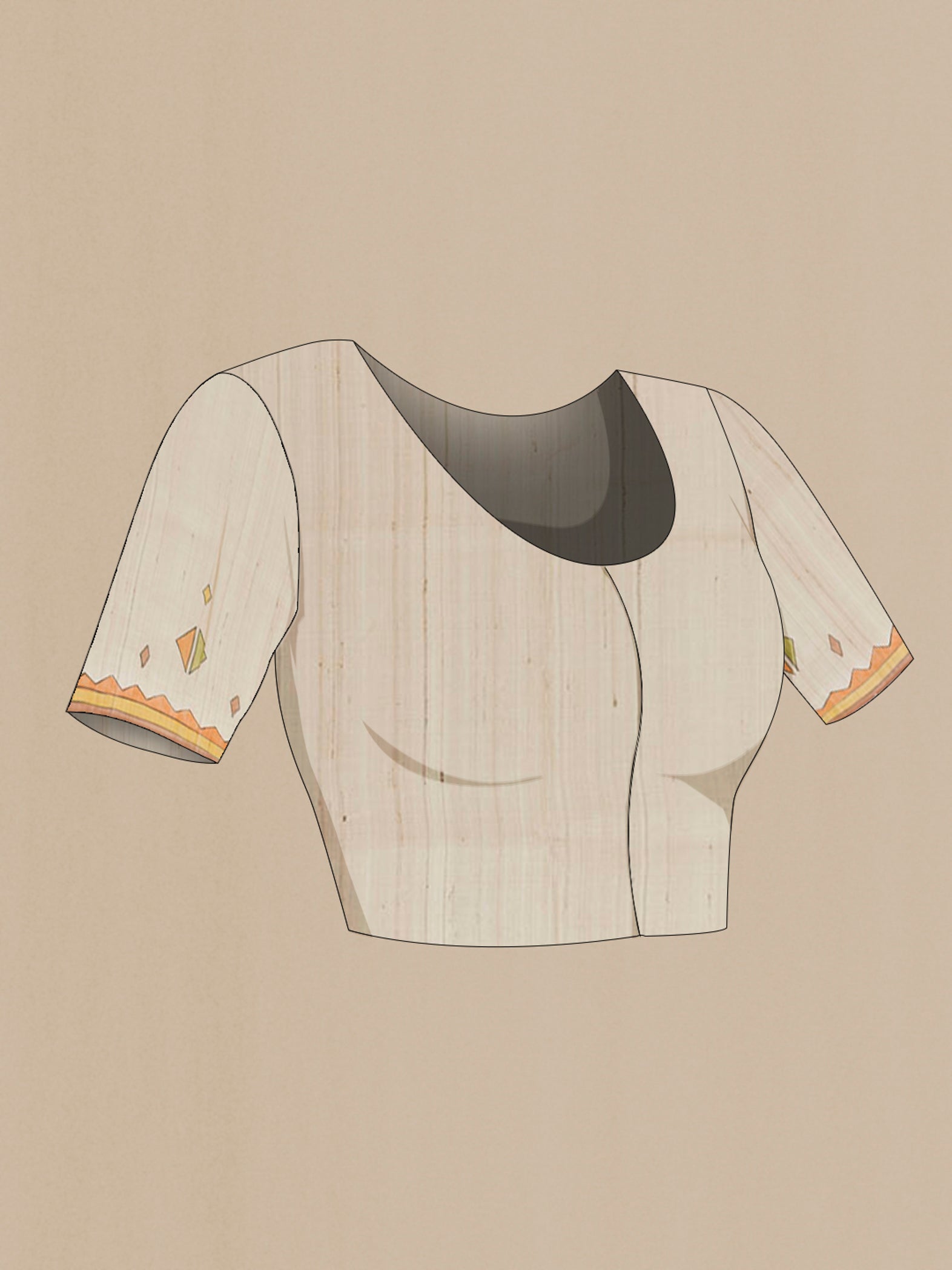 Close up image of the blouse of Cream Tussar Saree with Printed design on the body and Printed Border. 