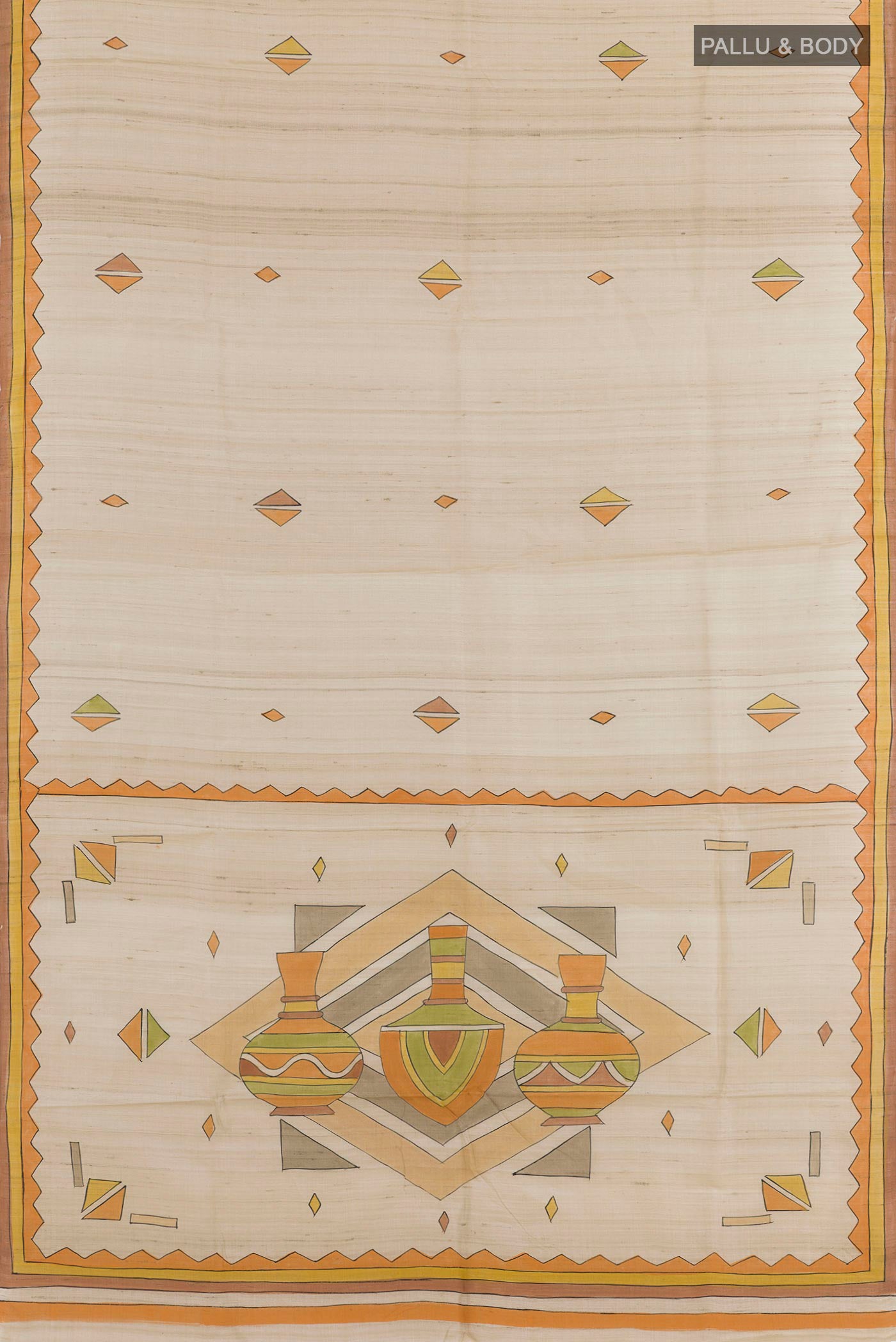 Flat view of Cream Tussar Saree with Printed design on the body and Printed Border. 