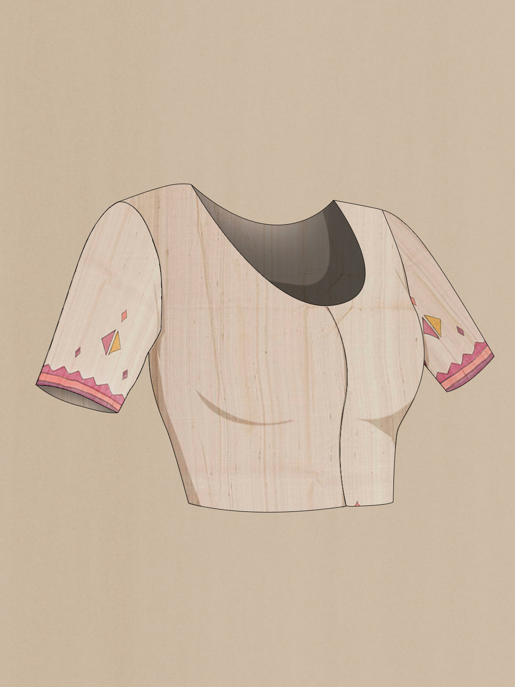 Close up image of the blouse of Cream Tussar Saree with Printed design on the body and Printed Border. 