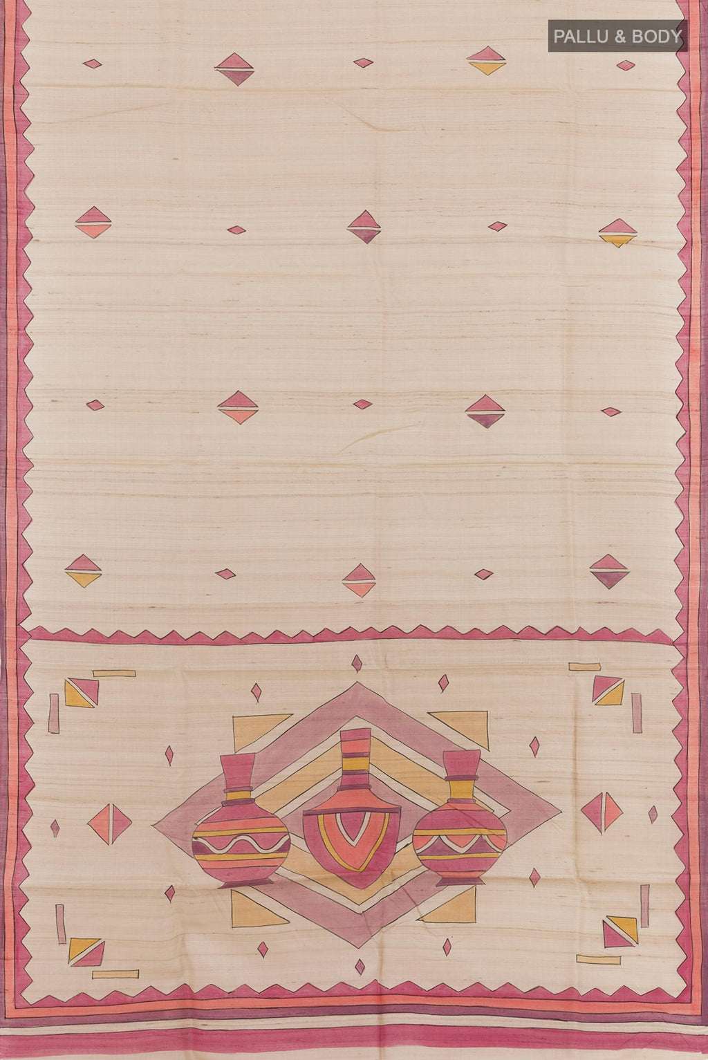 Flat view of Cream Tussar Saree with Printed design on the body and Printed Border. 