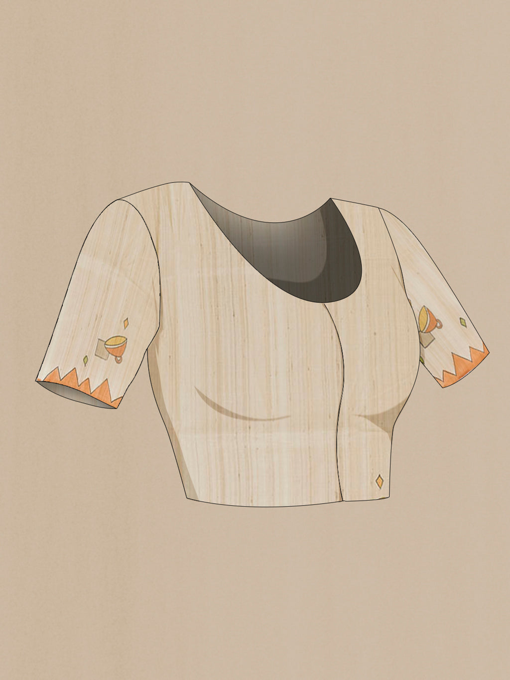 Close up image of the blouse of Cream Tussar Saree with Printed design on the body and Printed Border. 