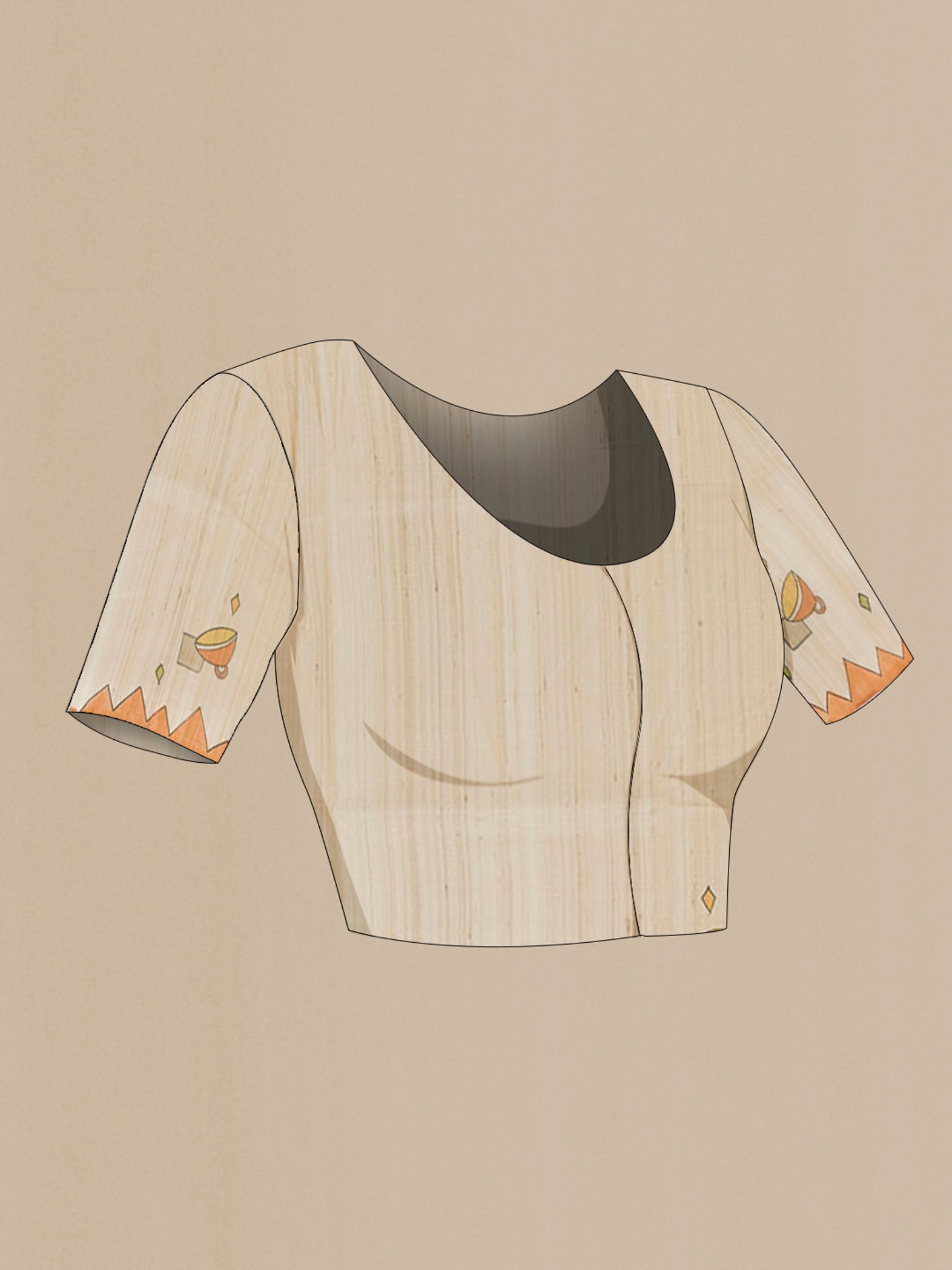 Close up image of the blouse of Cream Tussar Saree with Printed design on the body and Printed Border. 