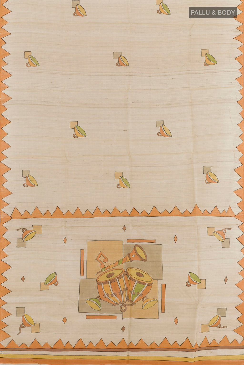 Flat view of Cream Tussar Saree with Printed design on the body and Printed Border. 