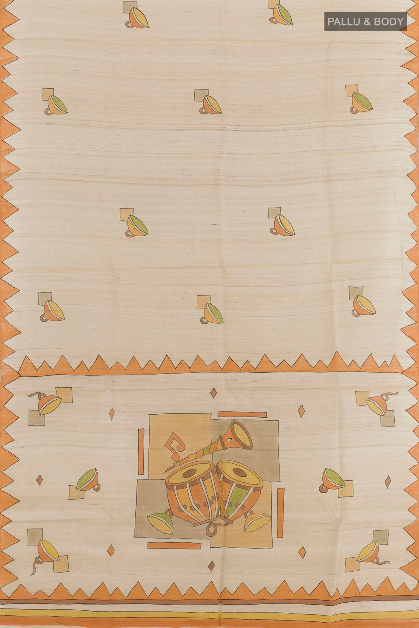 Flat view of Cream Tussar Saree with Printed design on the body and Printed Border. 
