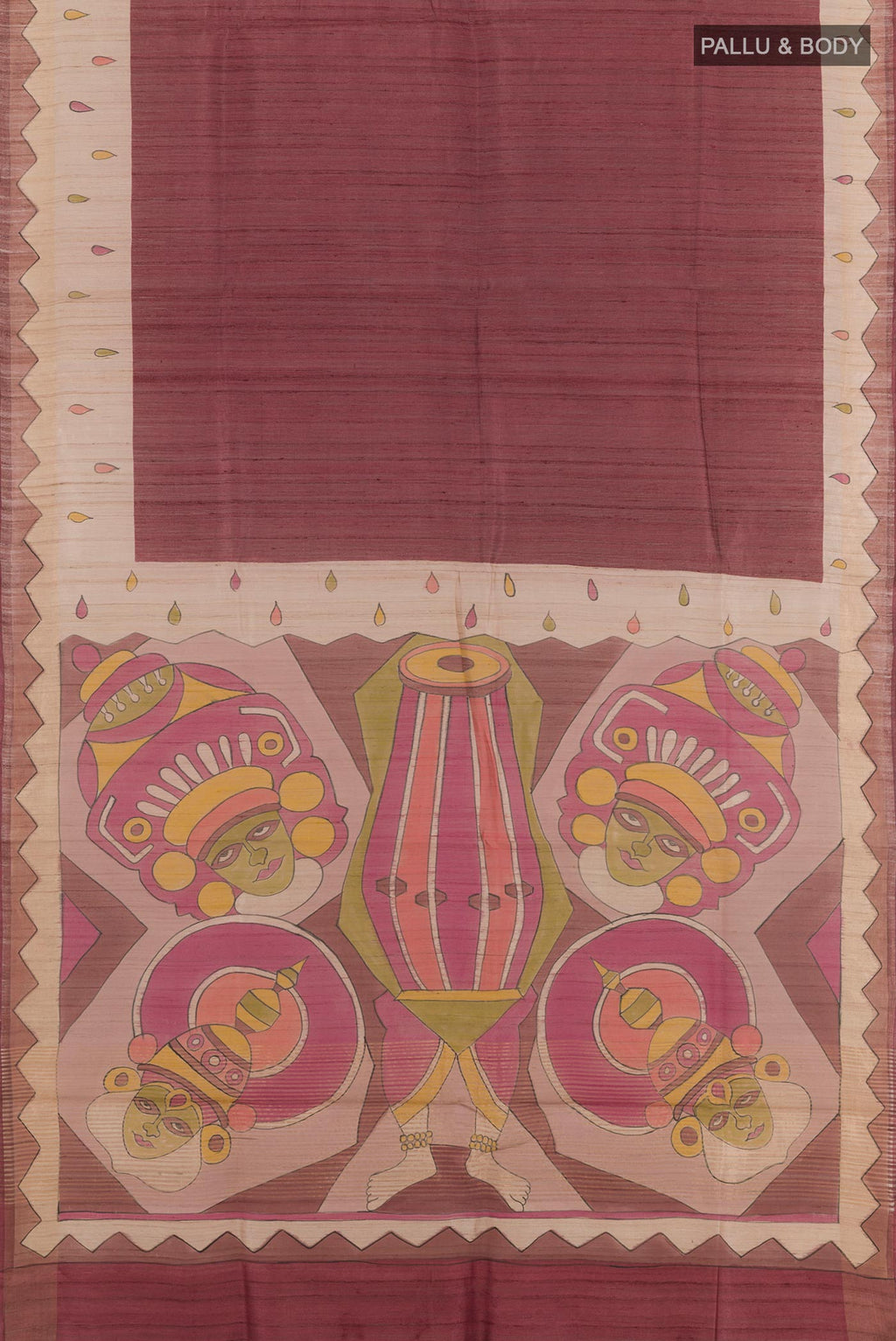 Flat view of Maroon Tussar Saree with Plain Body and Printed Border. 