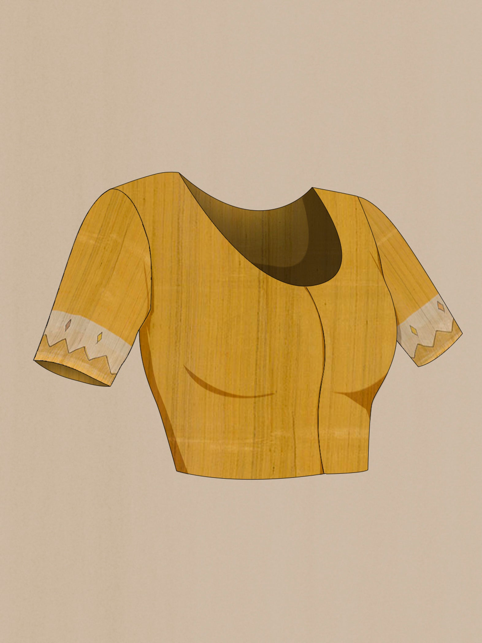 Close up image of the blouse of Yellow Tussar Saree with Plain Body and Zari Border. 