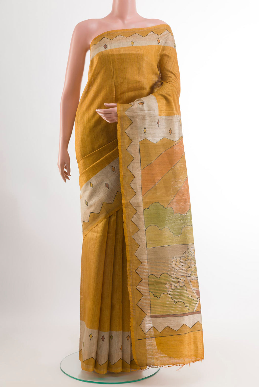 Yellow Tussar Saree with Plain Body and Zari Border.  displayed on a mannequin