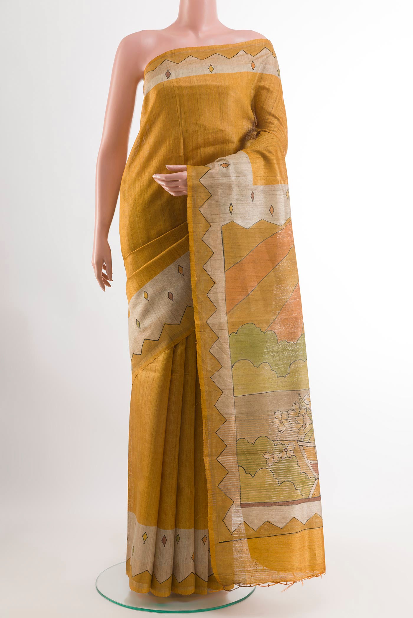Yellow Tussar Saree with Plain Body and Zari Border.  displayed on a mannequin