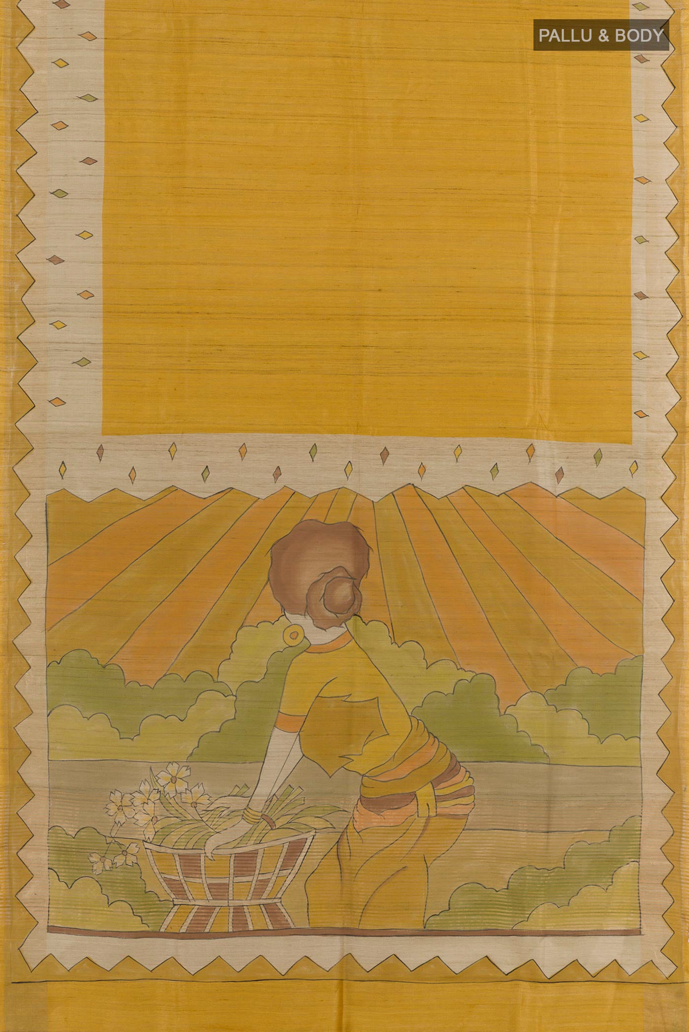 Flat view of Yellow Tussar Saree with Plain Body and Zari Border. 