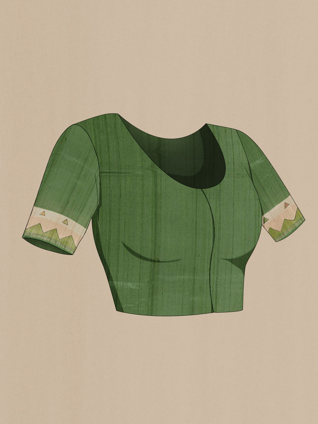 Close up image of the blouse of Green Tussar Saree with Plain Body and Printed Border. 
