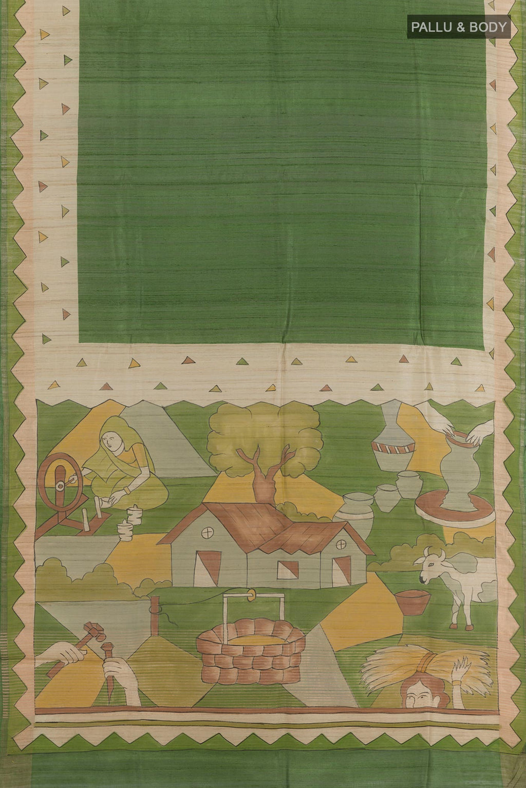 Flat view of Green Tussar Saree with Plain Body and Printed Border. 