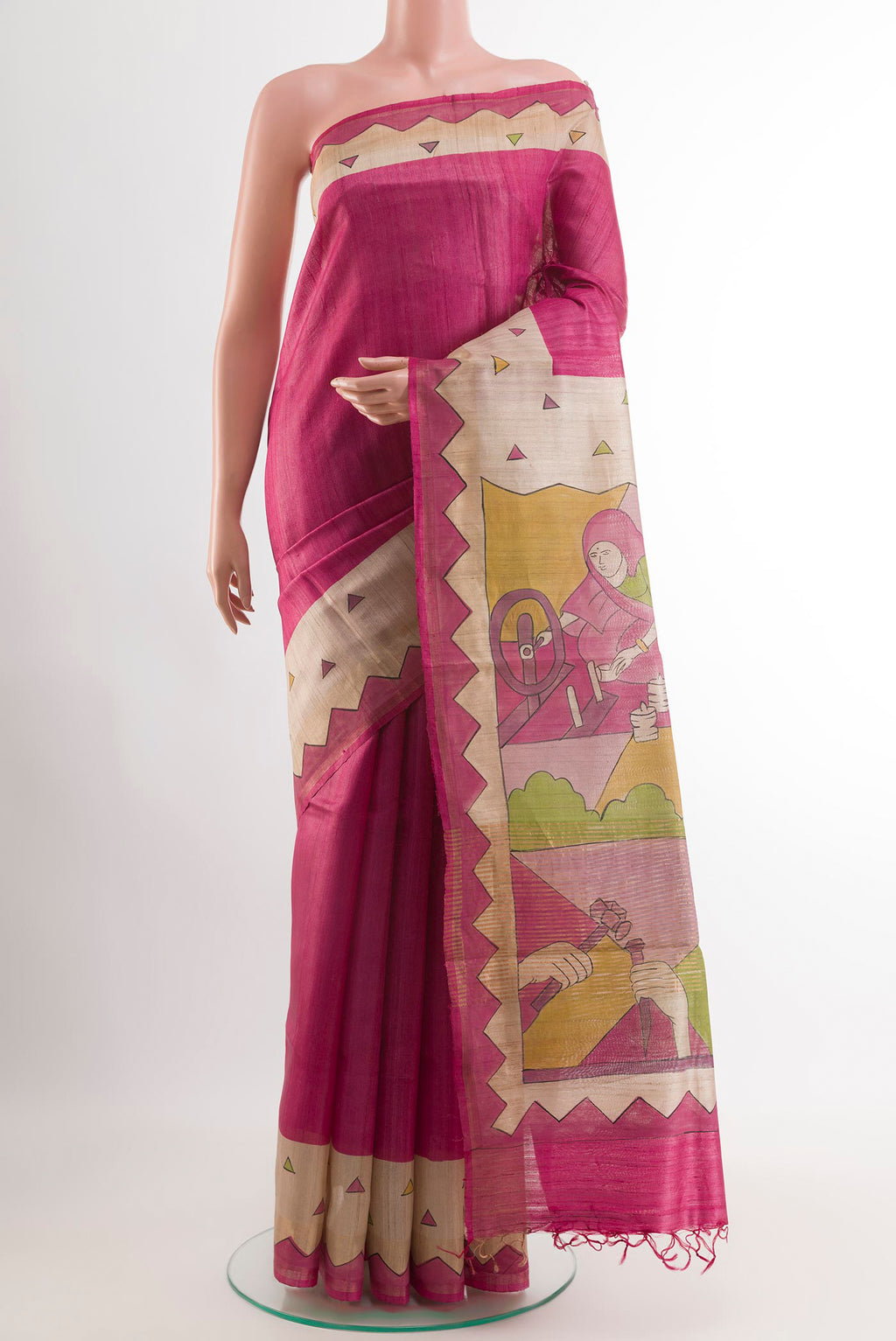 Pink Tussar Saree with Plain Body and Zari Border.  displayed on a mannequin