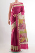 Pink Tussar Saree with Plain Body and Zari Border.  displayed on a mannequin