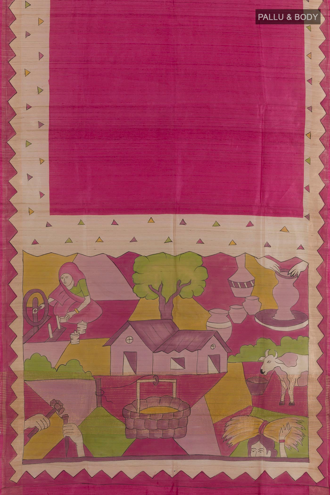 Flat view of Pink Tussar Saree with Plain Body and Zari Border. 