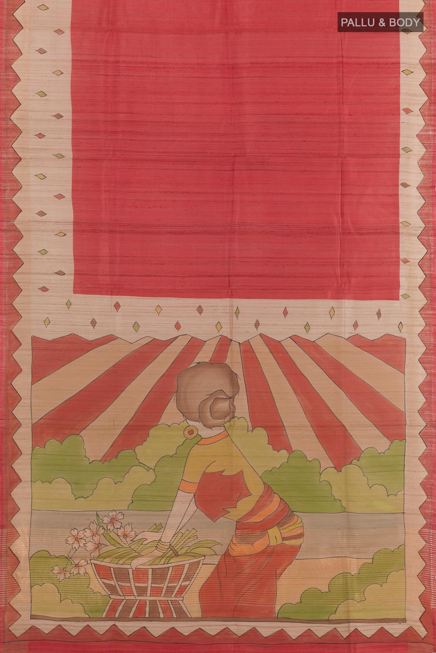 Flat view of Red Tussar Saree with Plain Body and Printed Border. 