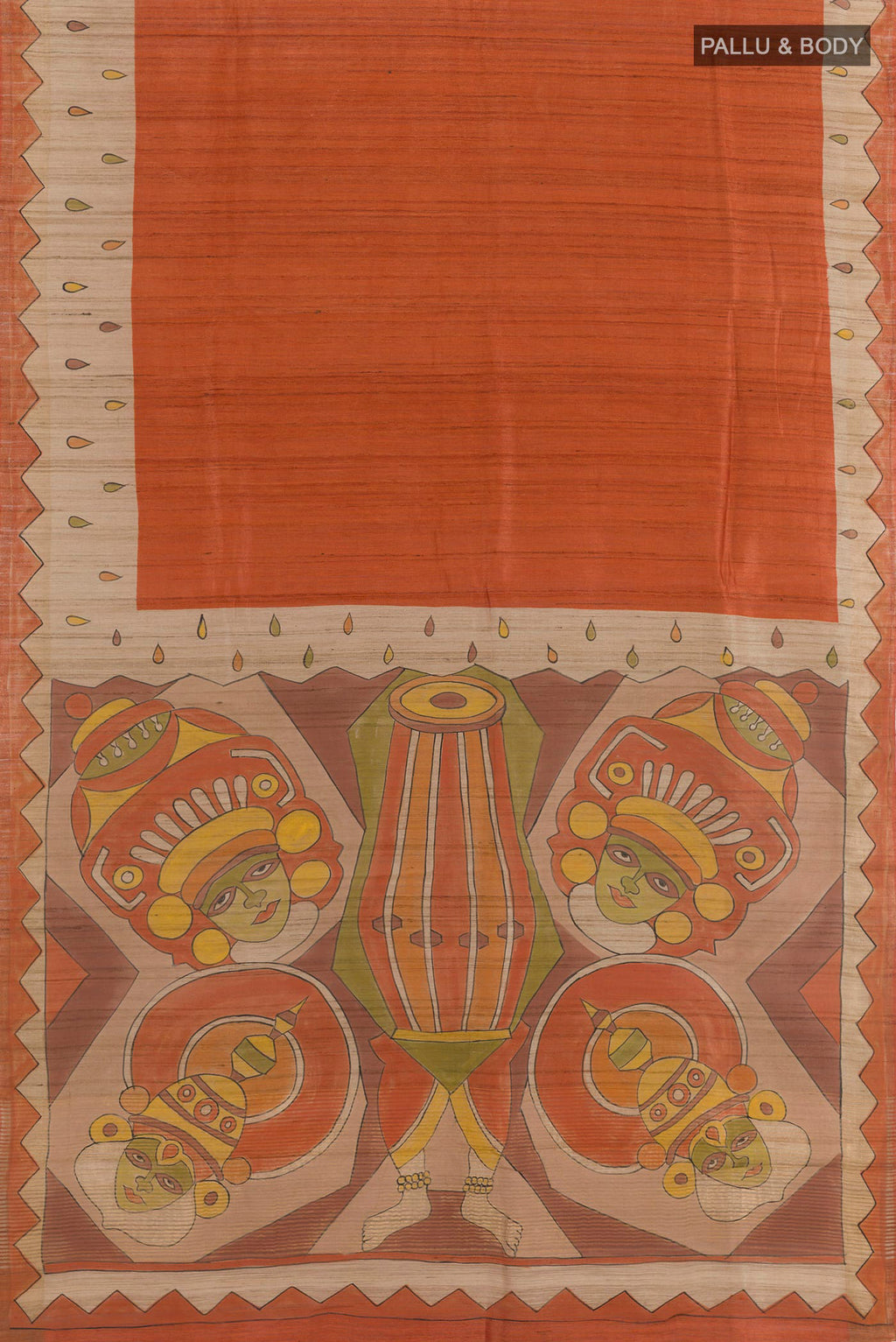 Flat view of Orange Tussar Saree with Plain Body and Zari Border. 