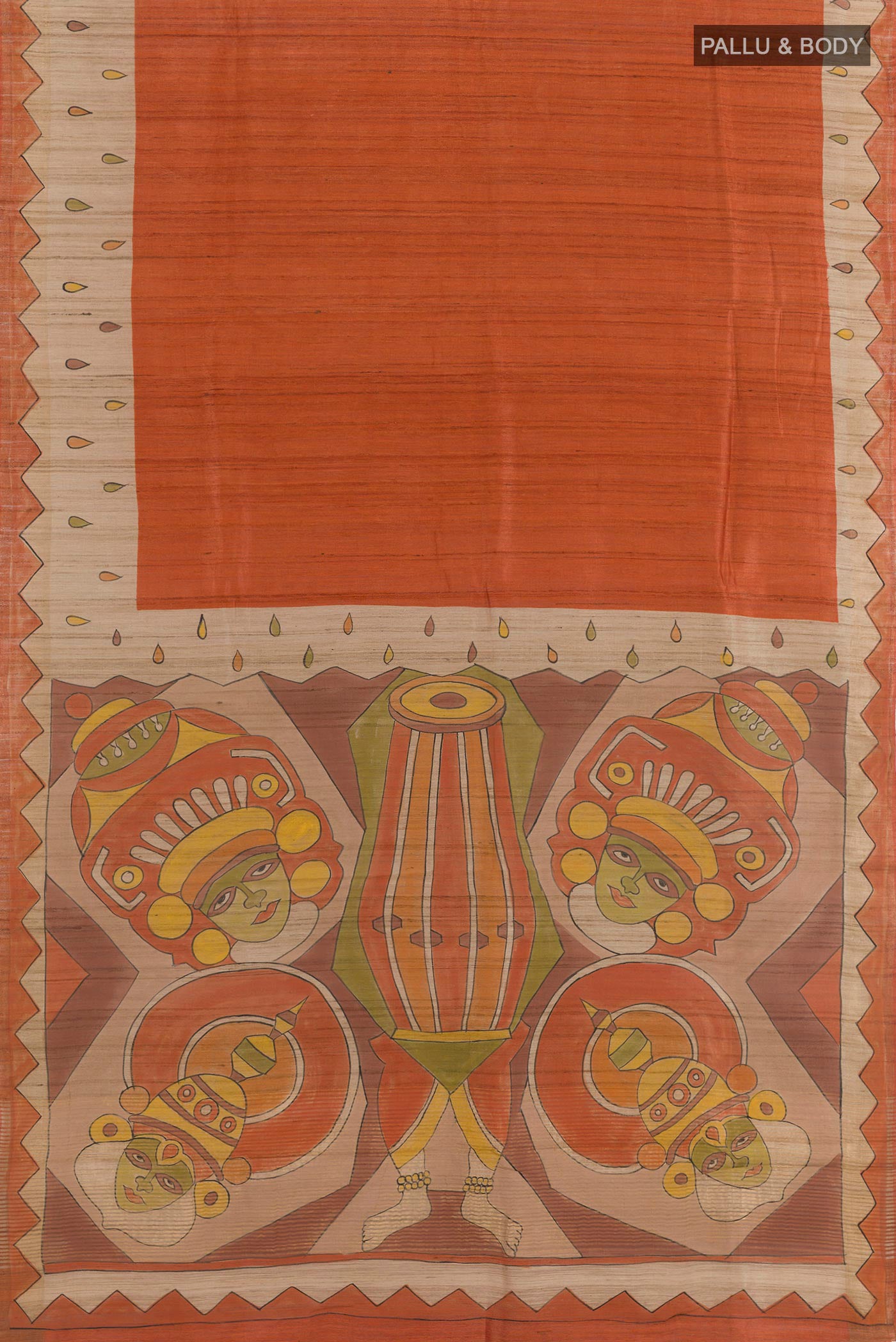 Flat view of Orange Tussar Saree with Plain Body and Zari Border. 
