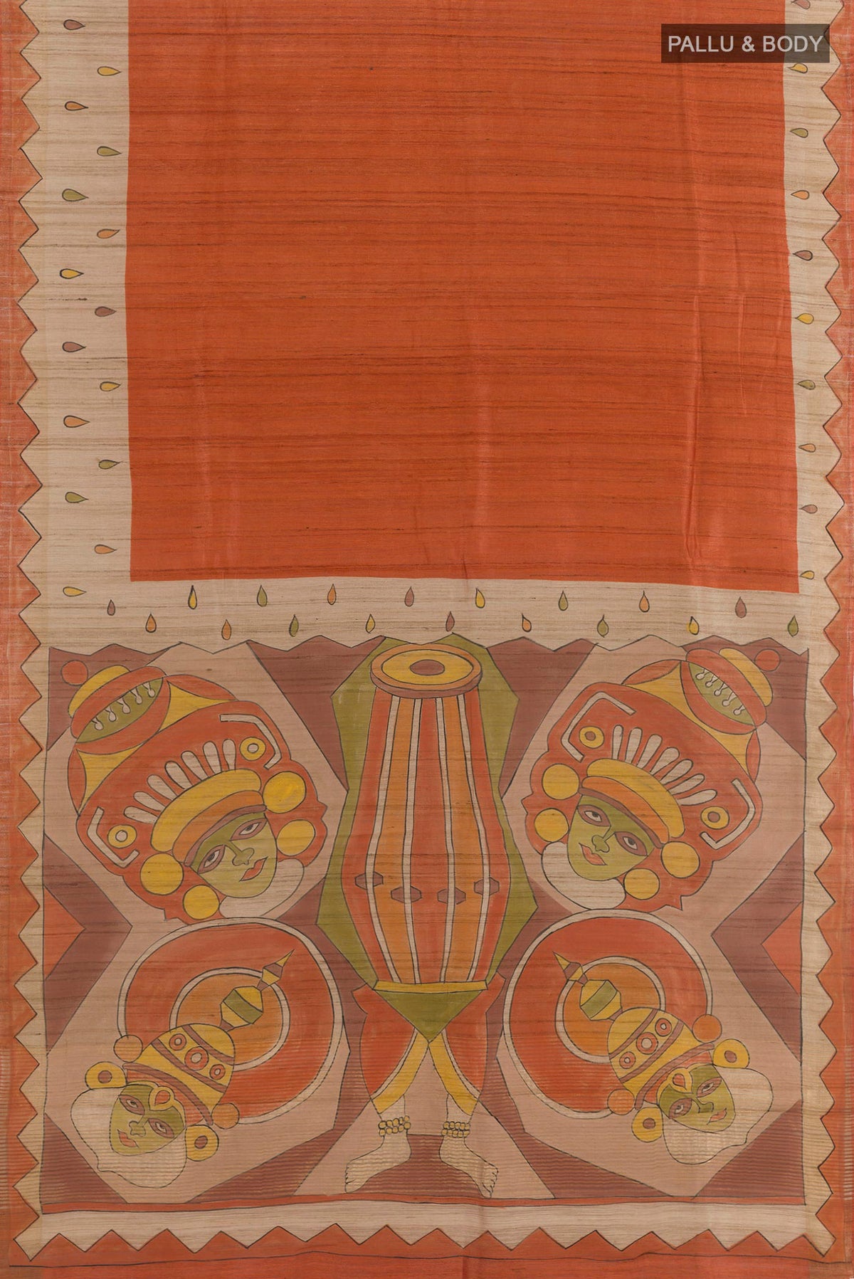 Flat view of Orange Tussar Saree with Plain Body and Zari Border. 