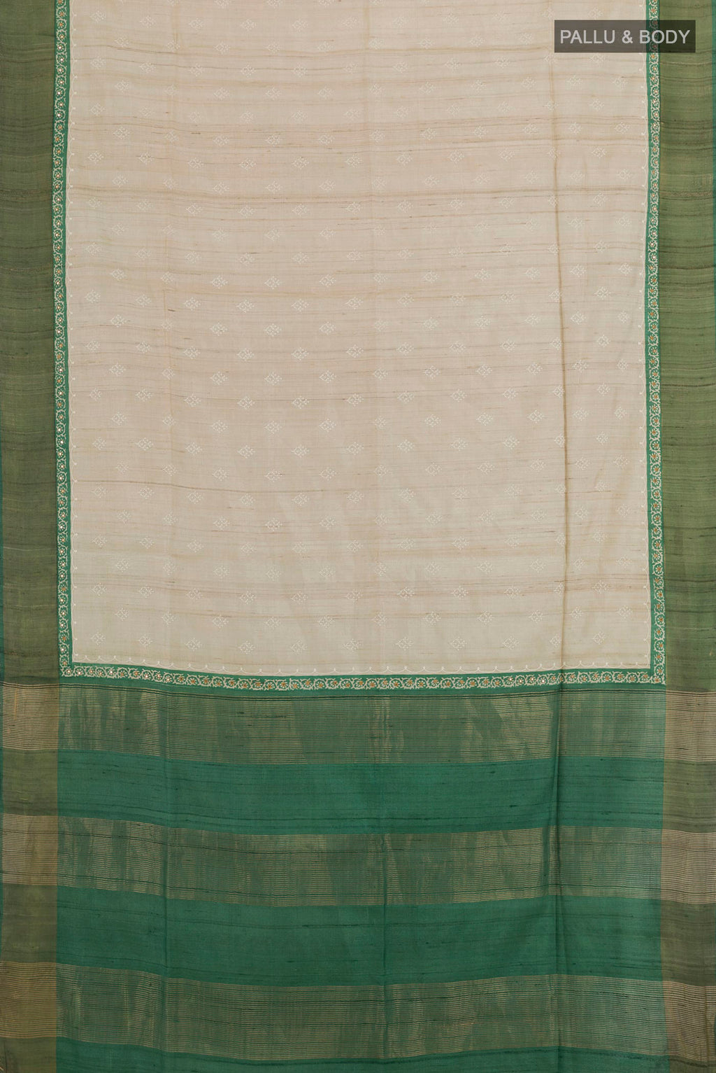 Flat view of Off White Tussar Saree with Thread Butta on the body and Zari Border. 