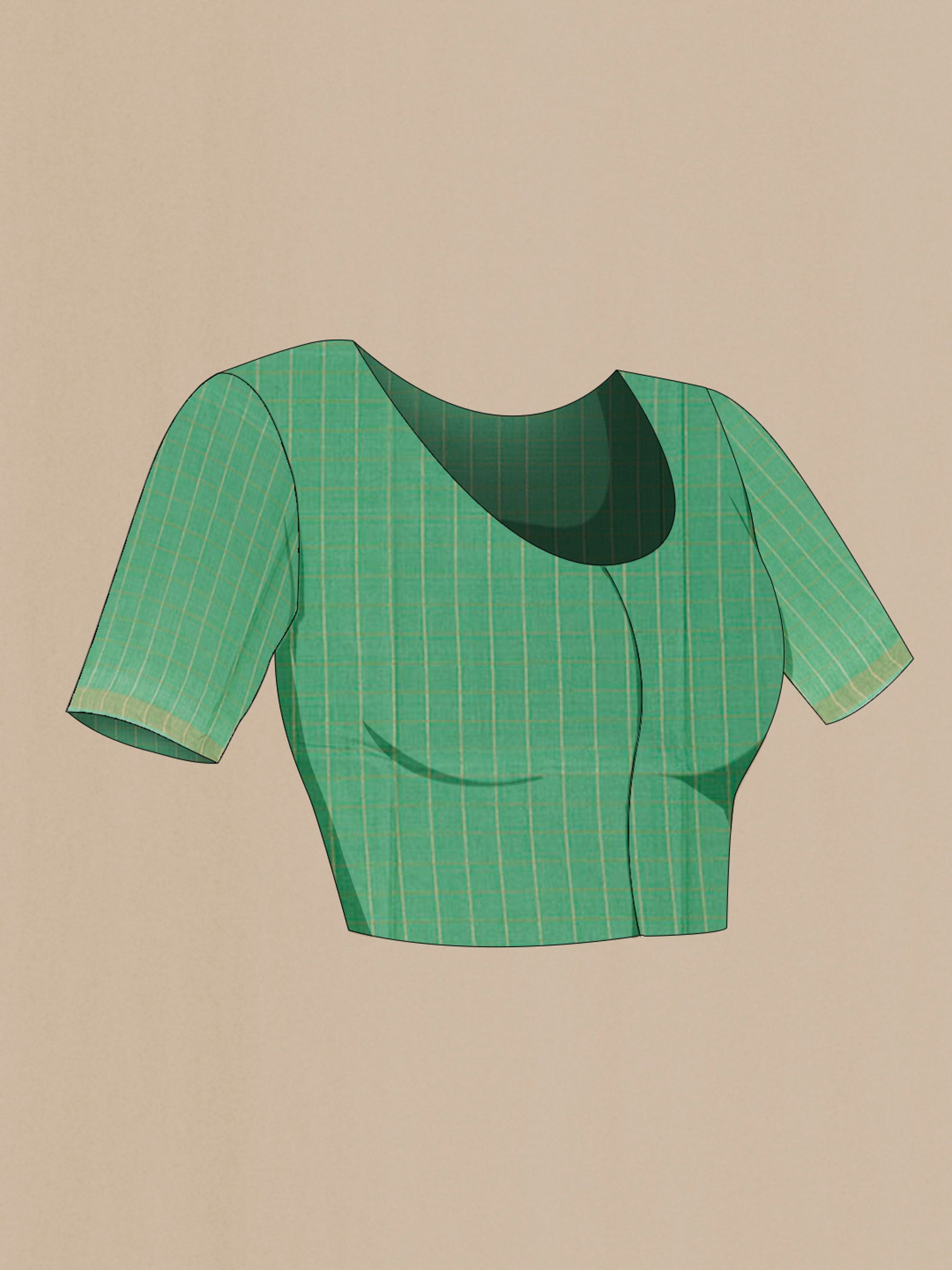 Close up image of the blouse of Green Tussar Saree with Checked design on the body and Zari Border. 