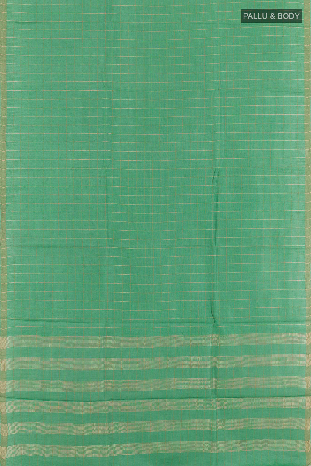 Flat view of Green Tussar Saree with Checked design on the body and Zari Border. 
