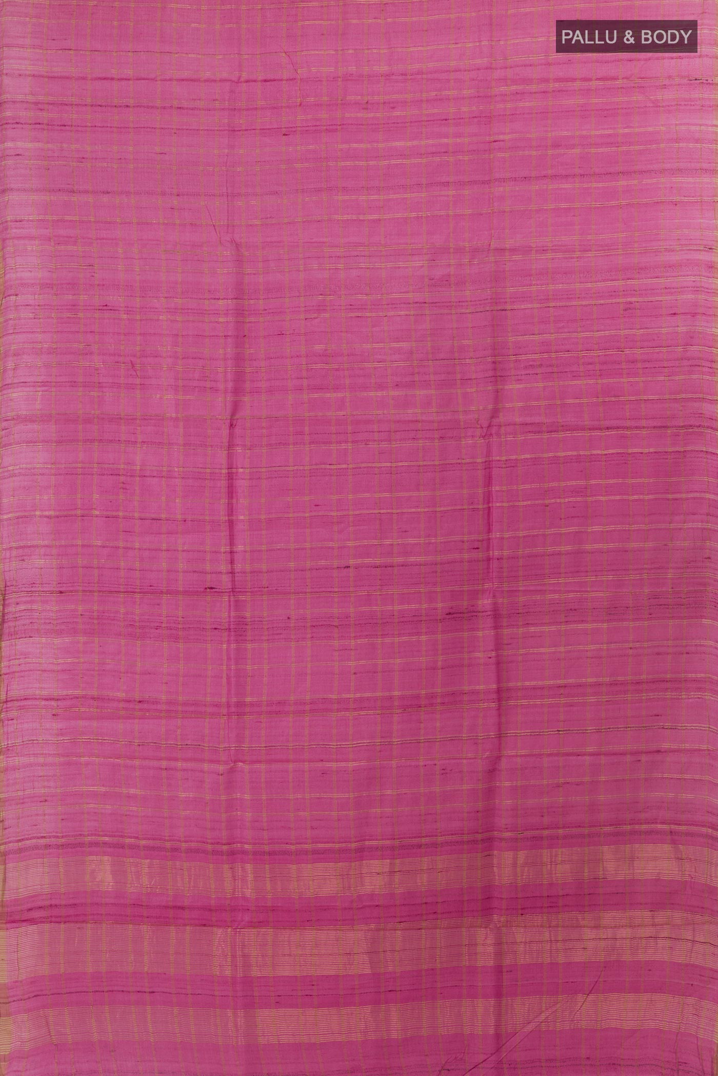 Flat view of Pink Tussar Silk Saree with Checked design on the body and Zari Border. 