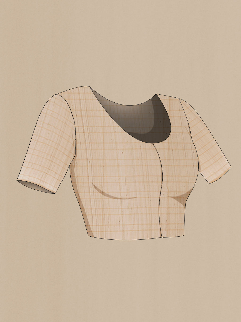 Close up image of the blouse of Cream Tussar Silk Saree with Checked design on the body and Zari Border. 
