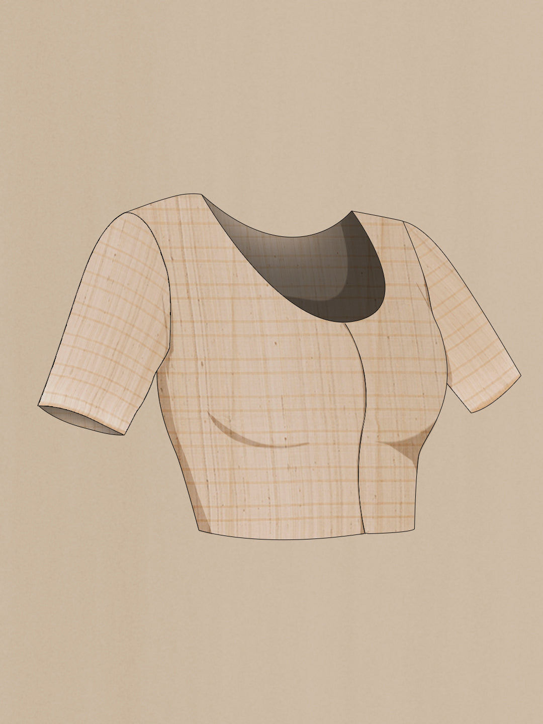 Close up image of the blouse of Cream Tussar Silk Saree with Checked design on the body and Zari Border. 