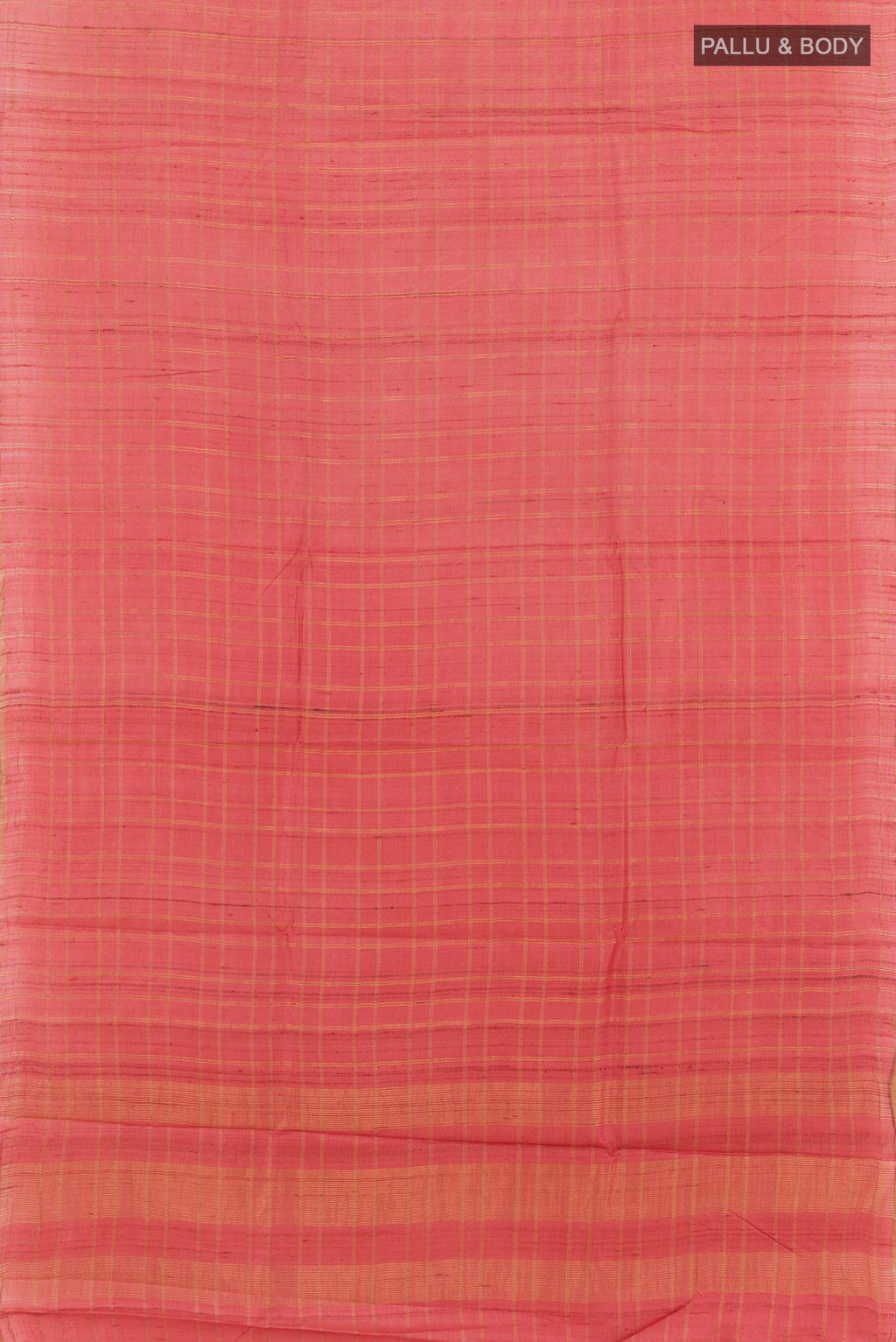 Flat view of Pink Tussar Saree with Checked design on the body and Zari Border. 
