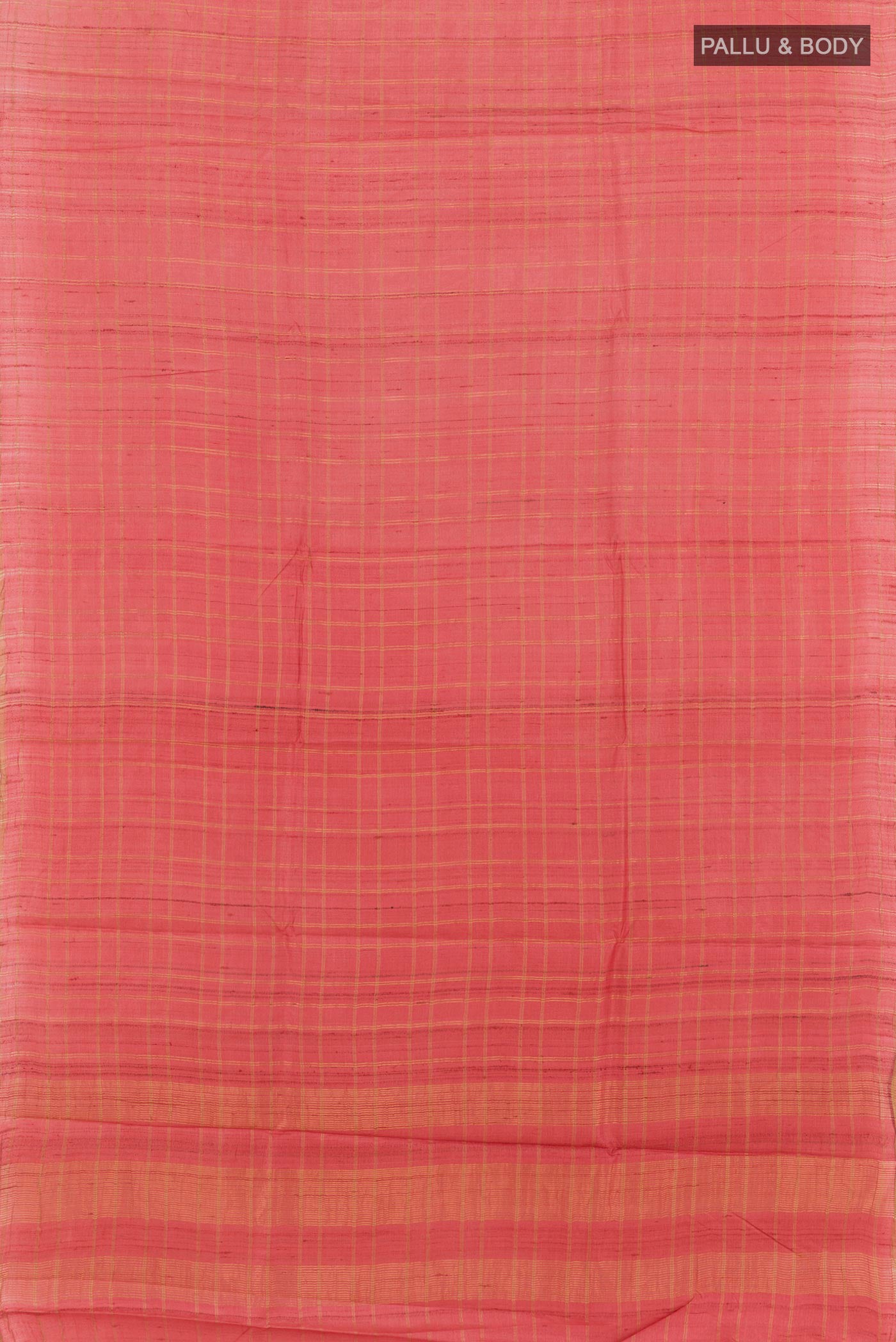 Flat view of Pink Tussar Saree with Checked design on the body and Zari Border. 