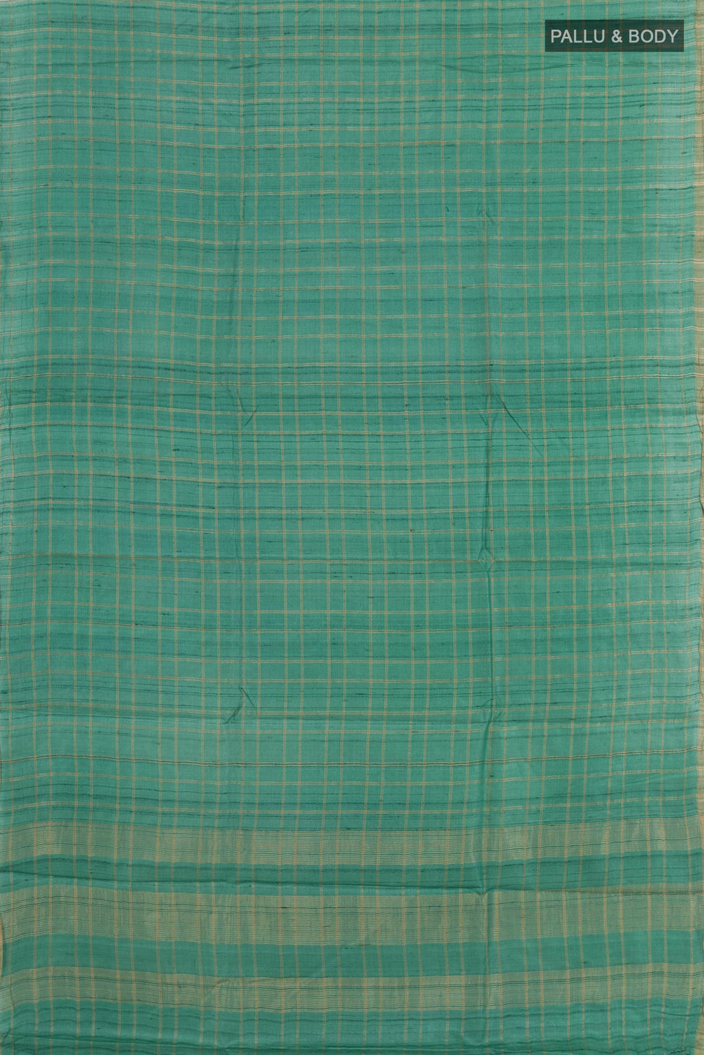 Flat view of Green Tussar Saree with Checked design on the body and Zari Border. 