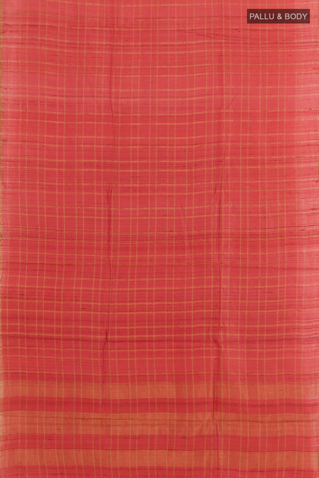 Flat view of Red Tussar Saree with Checked design on the body and Zari Border. 