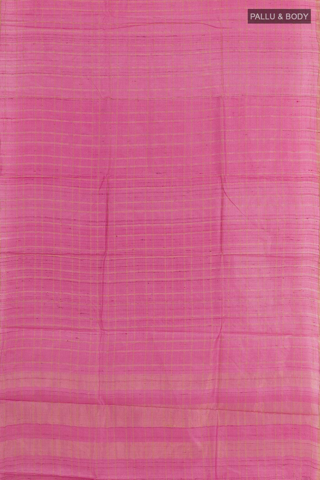 Flat view of Pink Tussar Saree with Checked design on the body and Zari Border. 