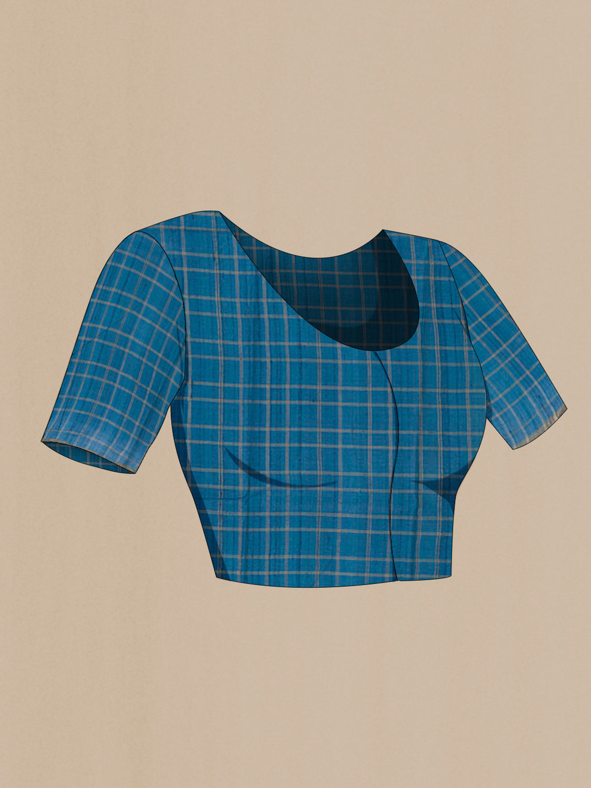 Close up image of the blouse of Blue Tussar Saree with Checked design on the body and Zari Border. 