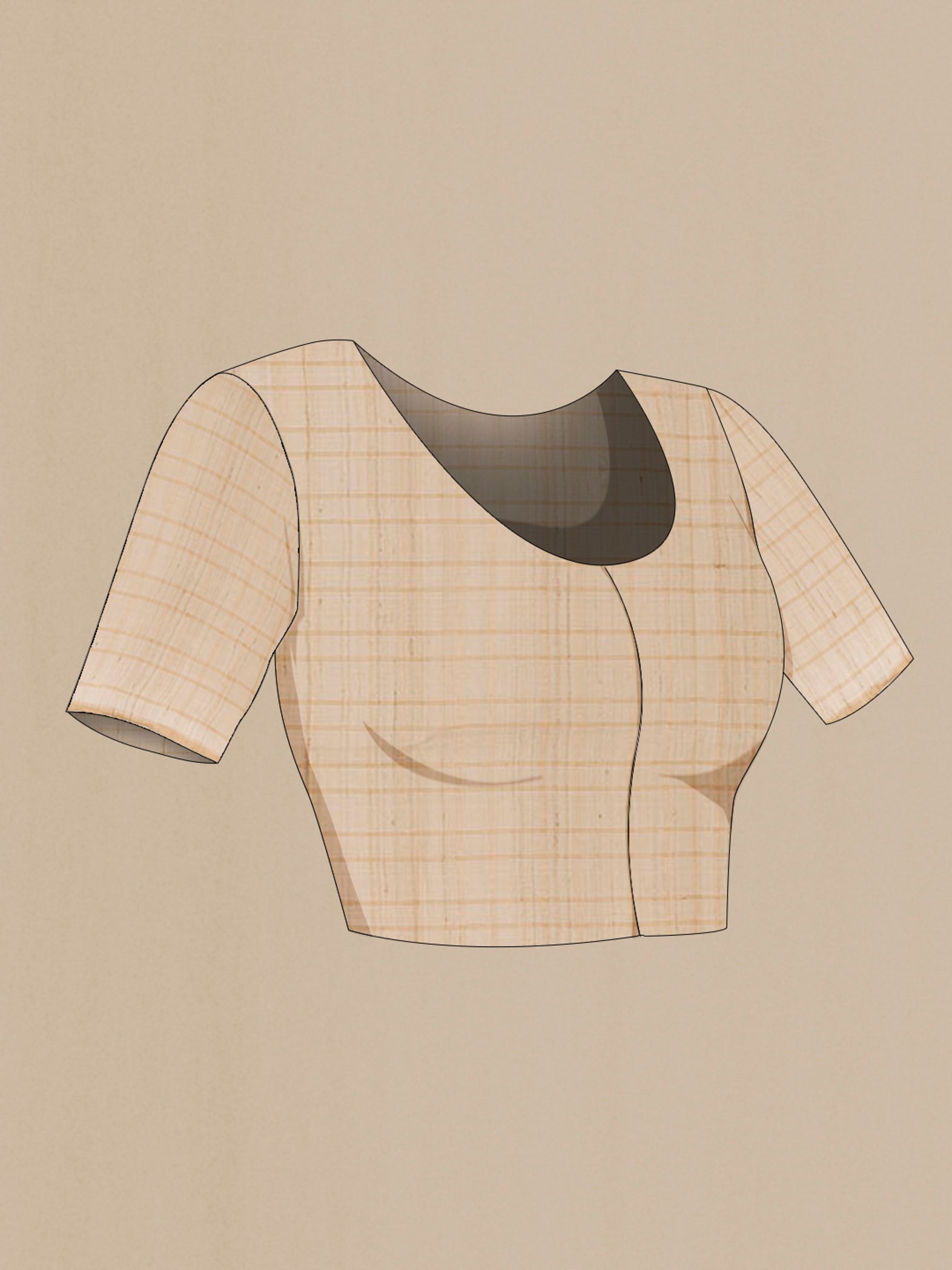 Close up image of the blouse of Off White Tussar Saree with Checked design on the body and Zari Border. 