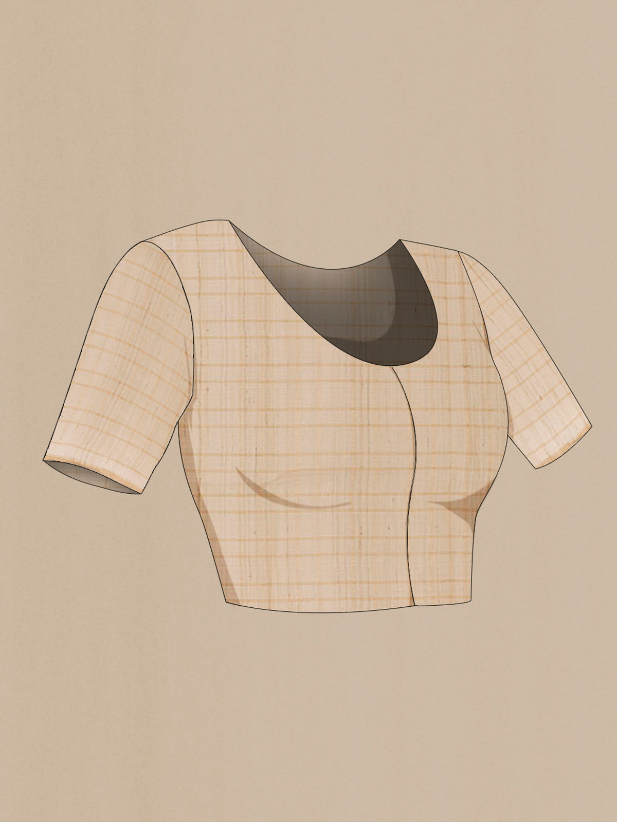 Close up image of the blouse of Off White Tussar Saree with Checked design on the body and Zari Border. 