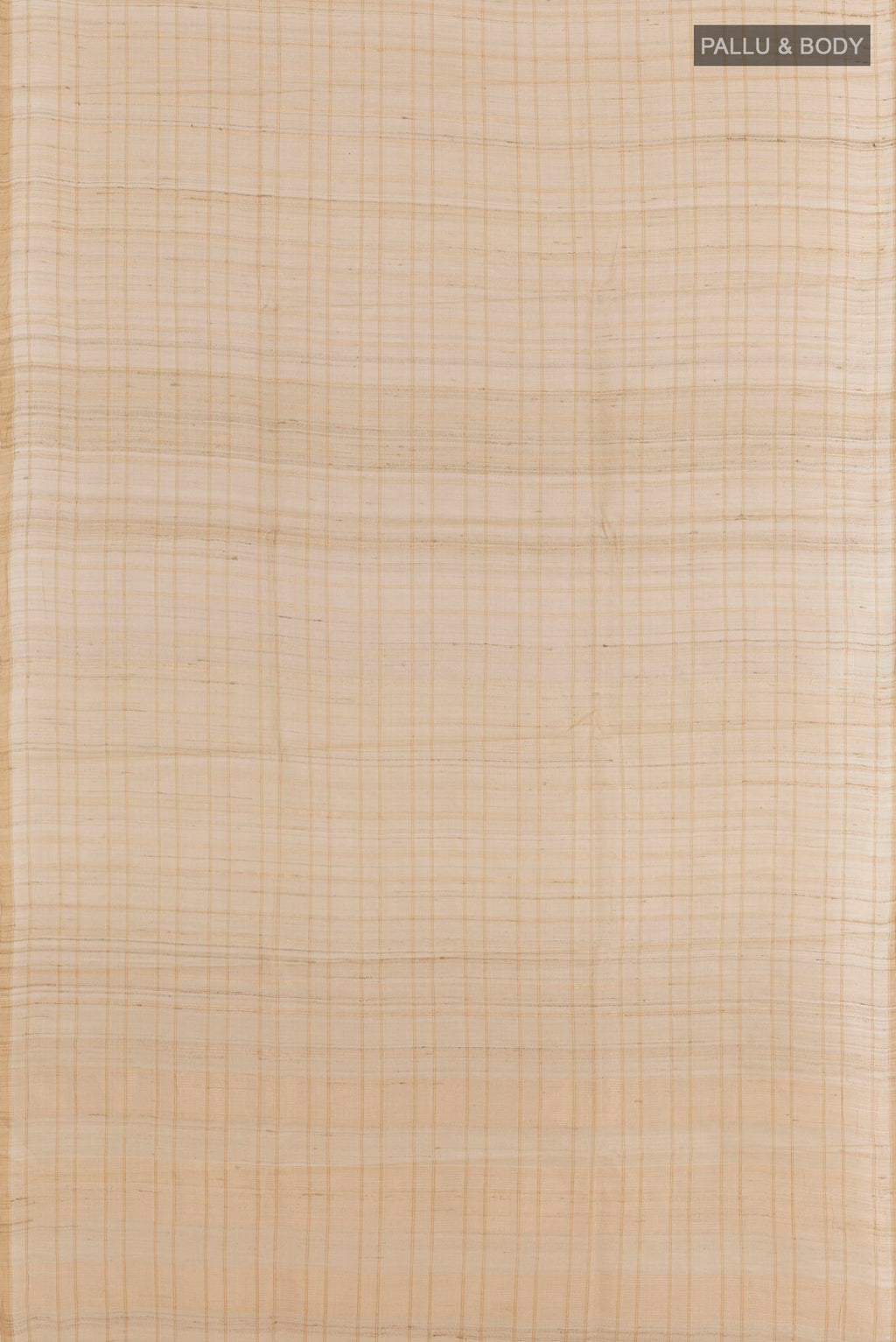 Flat view of Off White Tussar Saree with Checked design on the body and Zari Border. 