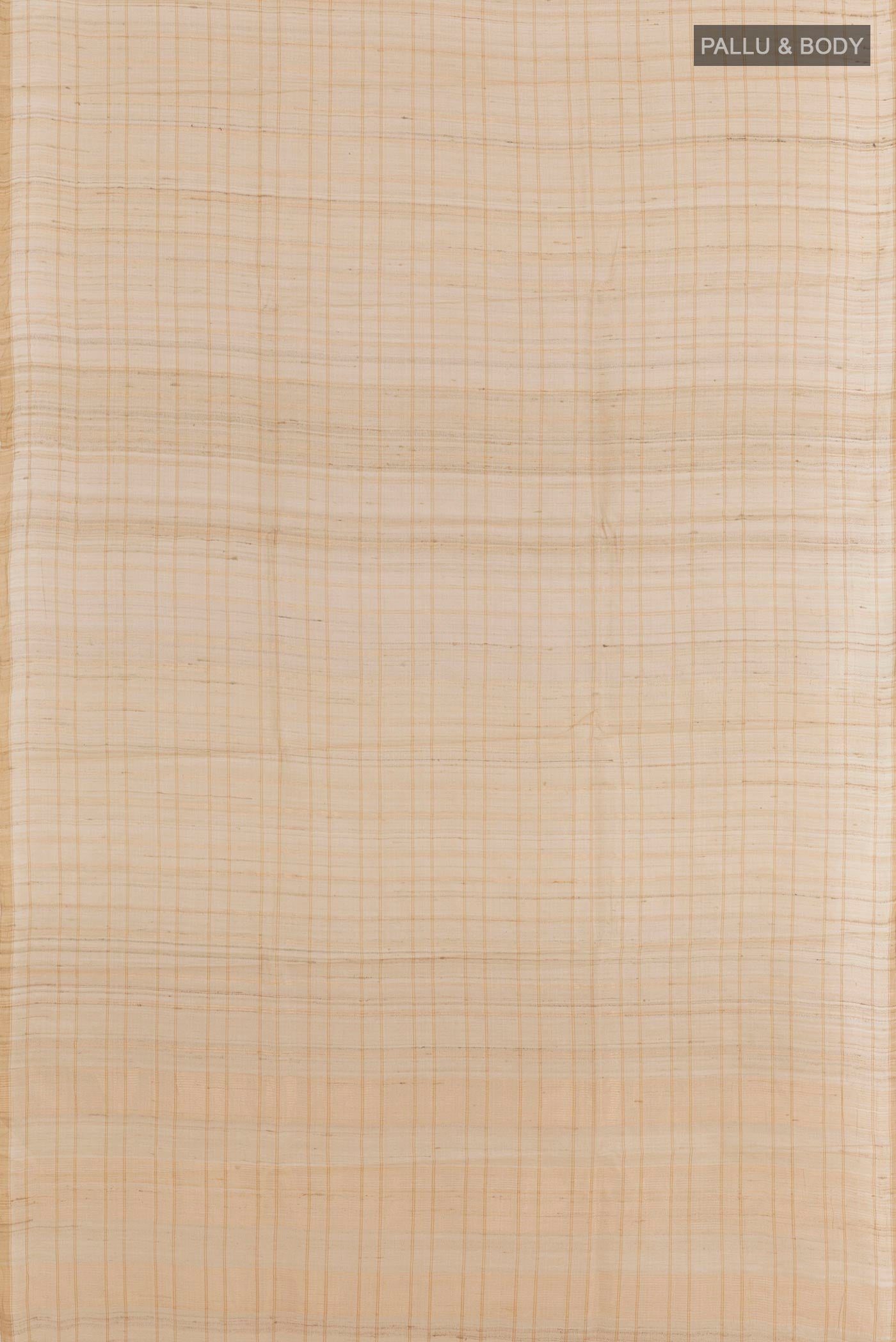 Flat view of Off White Tussar Saree with Checked design on the body and Zari Border. 