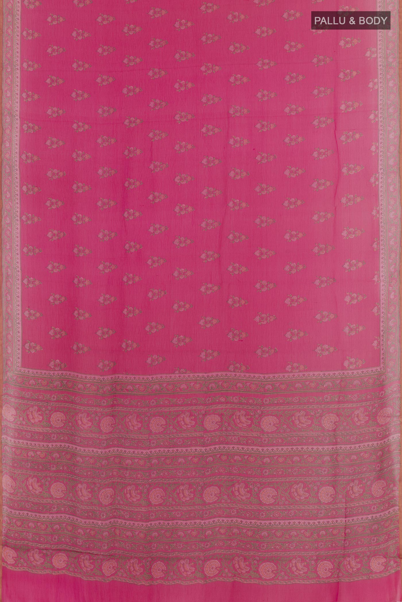 Flat view of Pink Chiffon Saree with Printed design on the body and Plain Border. 