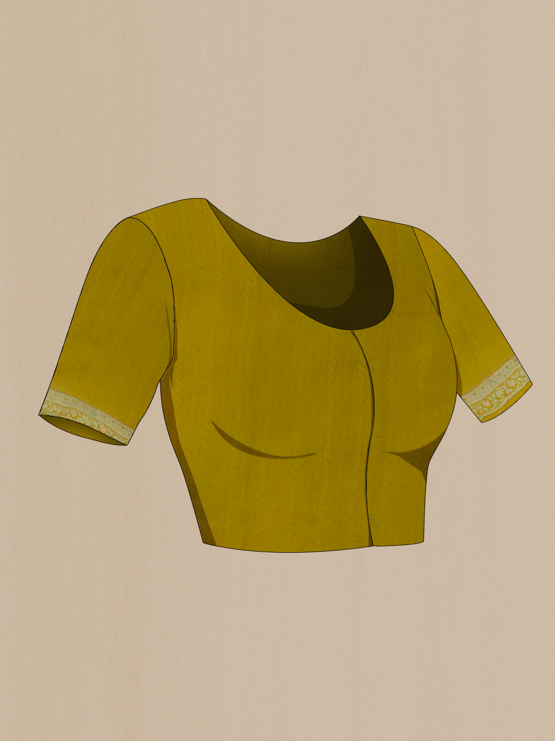 Close up image of the blouse of Yellow Chiffon Saree with Printed design on the body and Printed Border. 