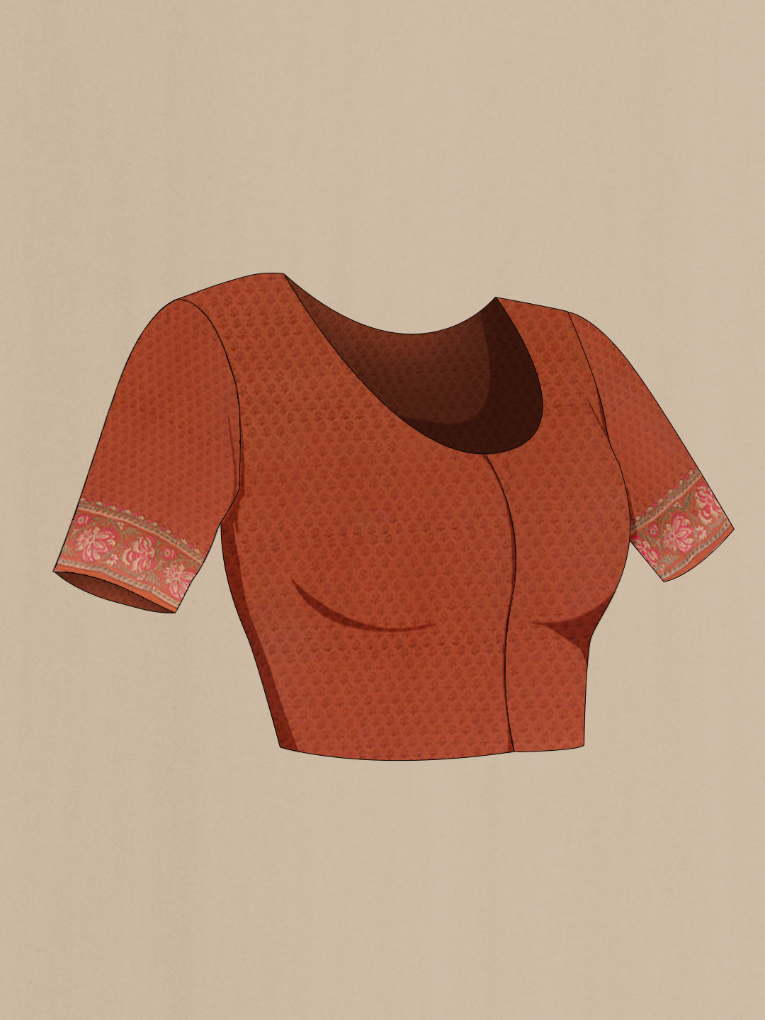 Close up image of the blouse of Orange Chiffon Saree with Printed design on the body and Printed Border. 