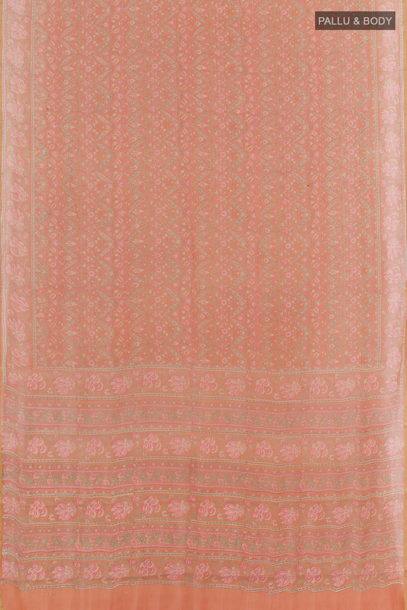 Flat view of Orange Chiffon Saree with Printed design on the body and Printed Border. 